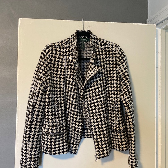Ralph Lauren Wool Houndstooth Motorcycle Sweater Jacket M - Picture 1 of 3